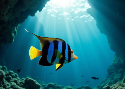 An emperor angelfish gliding through a reef cave