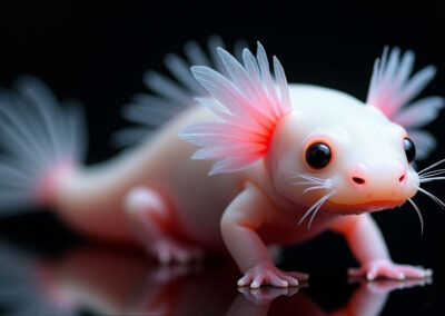 A macro photograph of a leucistic axolotl on a black background