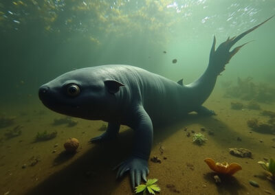 Underwater wide-angle shot of a dark-colored axolotl