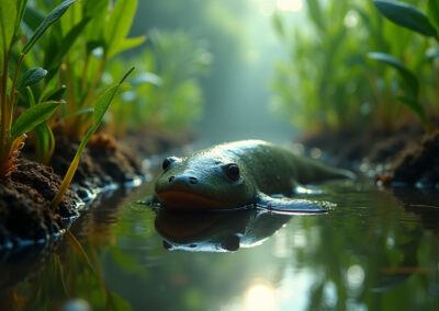 A wild axolotl partially camouflaged among green aquatic plants and submerged roots in a freshwater canal.
