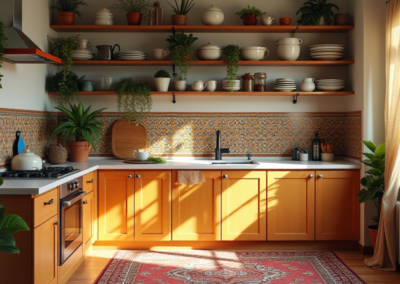 A bohemian kitchen with colorful Moroccan tile backsplash