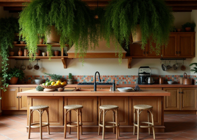 A kitchen with dense hanging plants above a rustic island