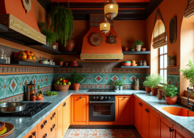 A vibrant, eclectic kitchen with Indian and Mediterranean influences