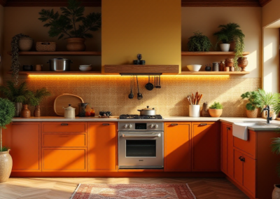 A warm-toned boho kitchen with burnt orange and mustard yellow accents