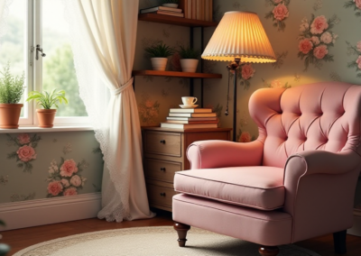 A cozy reading nook in a cottage-style room with floral wallpaper