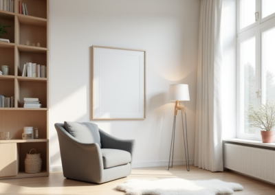 A minimalist Scandinavian reading nook with a sleek gray armchair