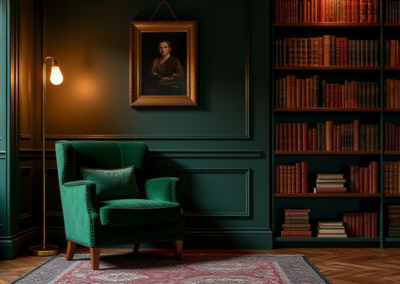 A dramatic, moody reading nook with a dark green velvet armchair