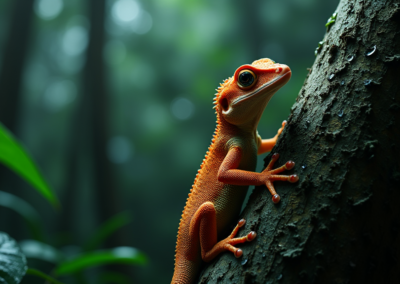 A crested gecko climbing a moss-covered branch