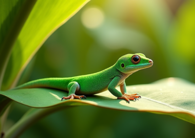 A crested gecko climbing a moss-covered branch