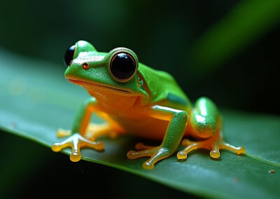 Macro shot of a glass frog under gentle rain, perched on a wet tropical leaf,