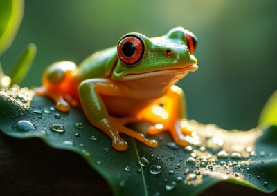 A glass frog illuminated by soft morning light in the Costa Rican rainforest