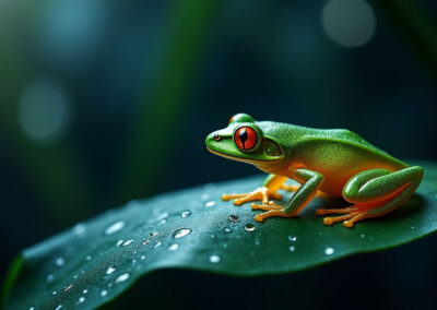 A close-up of a glass frog resting on a green leaf at night in the rainforest