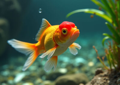 A close-up image of a goldfish swimming in a crystal-clear freshwater pond,