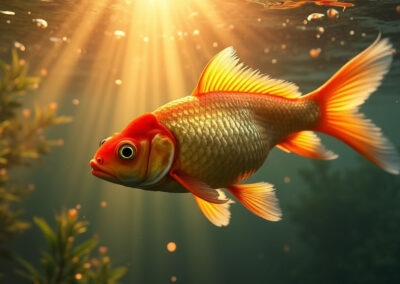 a goldfish swimming underwater in a tranquil pond at golden hour.