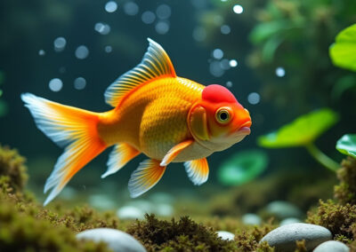 A goldfish captured mid-motion in an underwater scene with a natural background of lily pads, algae, and stones