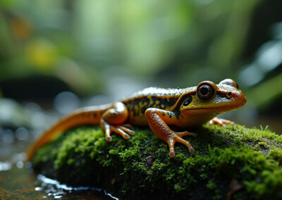A newt resting on a moss-covered rock in a damp forest