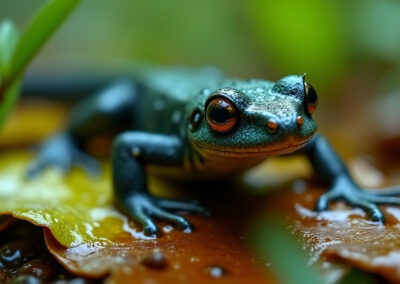 Close-up of a newt crawling through wet leaves during a light forest rain