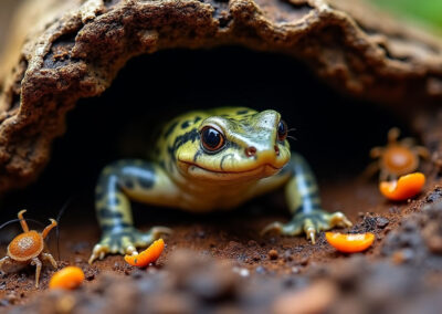A newt uncovered beneath a damp, decaying log