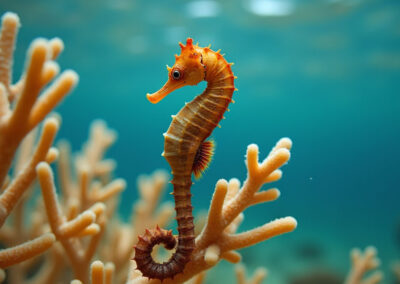a seahorse clinging to a coral branch in shallow tropical waters