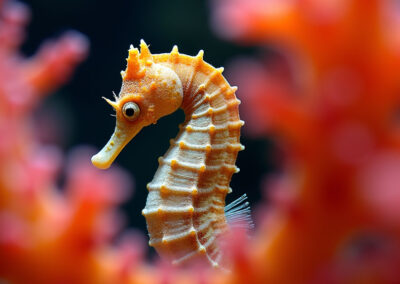 A camouflaged seahorse blending into red and orange coral.