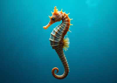 A seahorse with a crown-like head fin swimming solo in blue water.