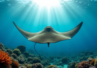 A stingray gliding over a vibrant coral reef