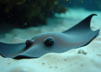 Close-up of a stingray partially buried in white sandy seabed