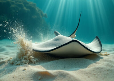 A stingray captured mid-motion as it kicks up a cloud of sand while swimming away from the seabed