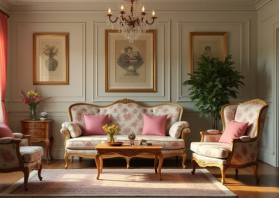 A vintage-style living room with a floral-patterned sofa and armchairs