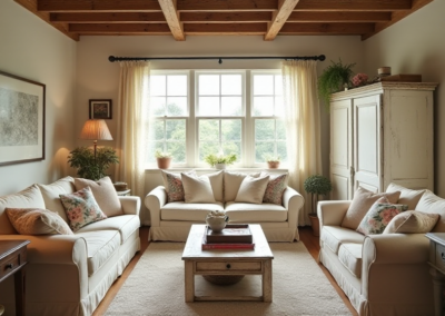 A cozy English cottage-style living room with floral slipcovered furniture