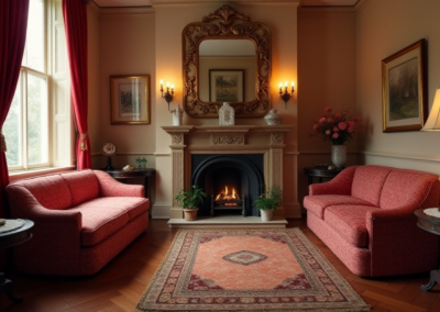 A 1940s vintage-inspired living room with a rose-patterned couch