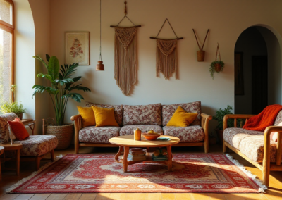A boho-vintage style living room with floral-patterned seating