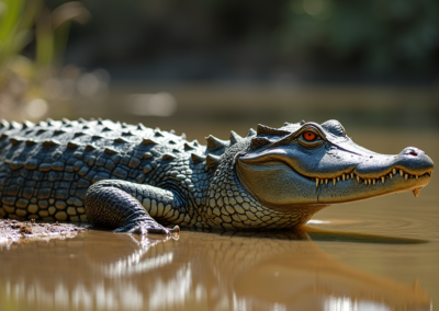 an American alligator basking on a muddy riverbank in the Everglades,