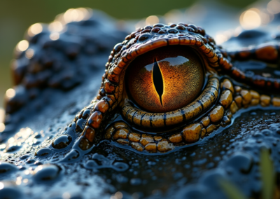 Close-up of an alligator's eye with dramatic lighting
