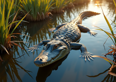 Aerial view of an alligator gliding through marsh reeds
