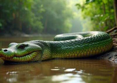 A massive green anaconda coiled on the muddy riverbank of the Amazon rainforest