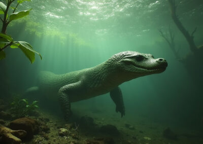 underwater shot of a green anaconda swimming silently through a murky Amazonian river