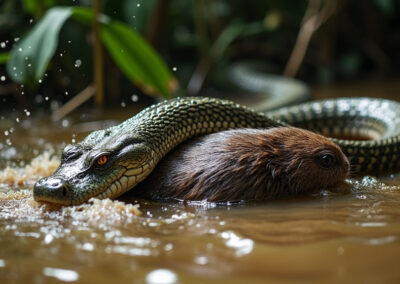 An anaconda ambushing its prey in the Amazon rainforest