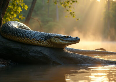 A massive anaconda resting on a tree trunk partially submerged in water