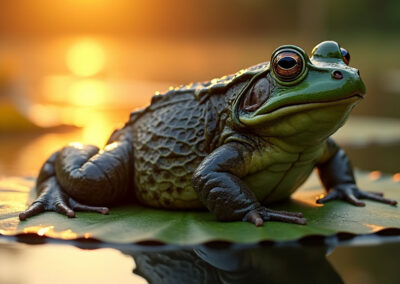A large bullfrog resting on a lily pad
