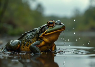 A bullfrog in mid-croak near a forest pond