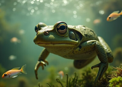 Underwater view of a bullfrog swimming in a clear pond
