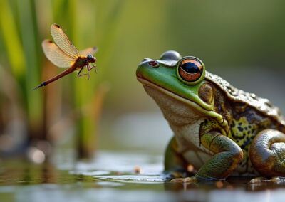 A bullfrog about to catch a dragonfly mid-flight