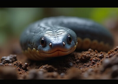 A close-up of a Caecilian in its natural habitat, partially covered in moist soil