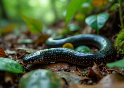 A Caecilian slithering through leaf litter on the rainforest floor