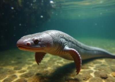 Underwater shot of a Caecilian swimming near a muddy riverbed