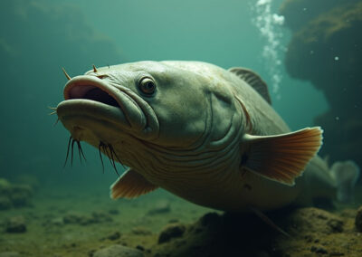Underwater close-up of a large catfish in a murky freshwater river