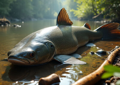 A giant catfish resting on the riverbed