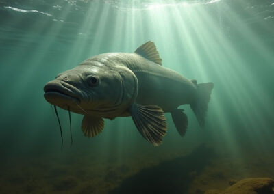 Underwater shot of a large catfish swimming through a murky freshwater river,