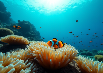A Clownfish simming above corals